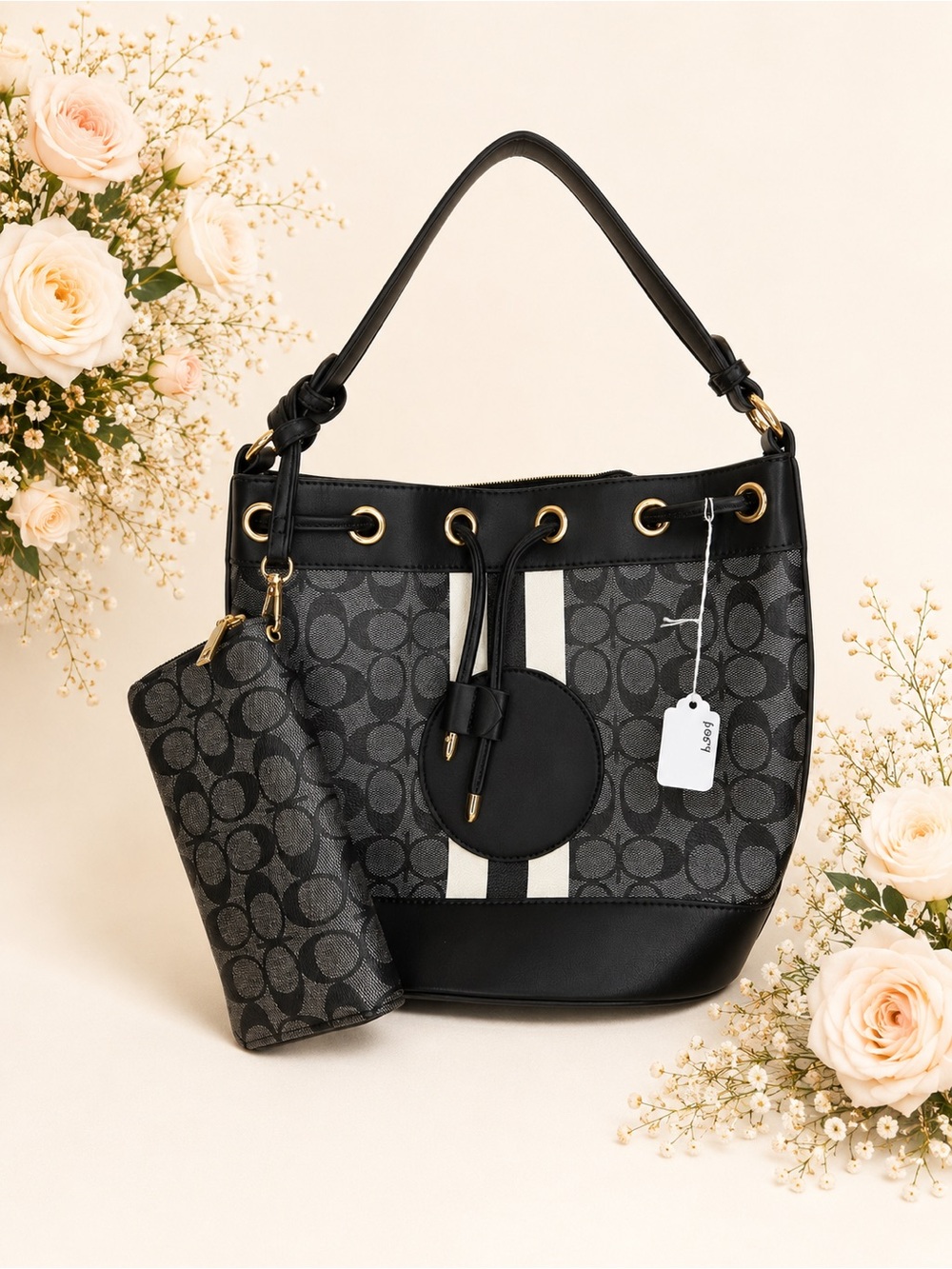 Black Signature Stripe Drawstring Shoulder Bag with Pouch